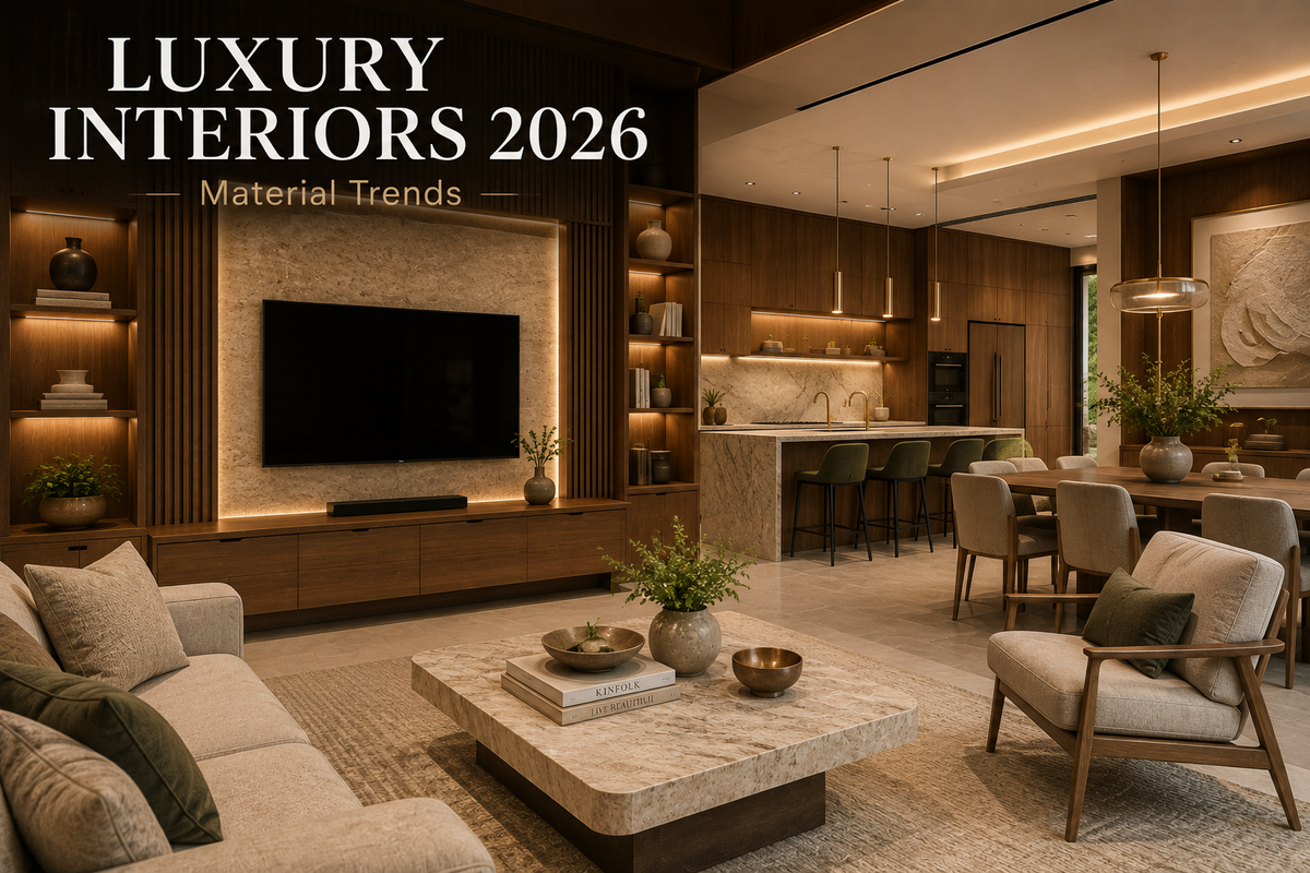 Luxury home interior showcasing 2026 material trends with natural wood, stone, textured finishes, warm lighting, premium cabinetry and understated modern design.