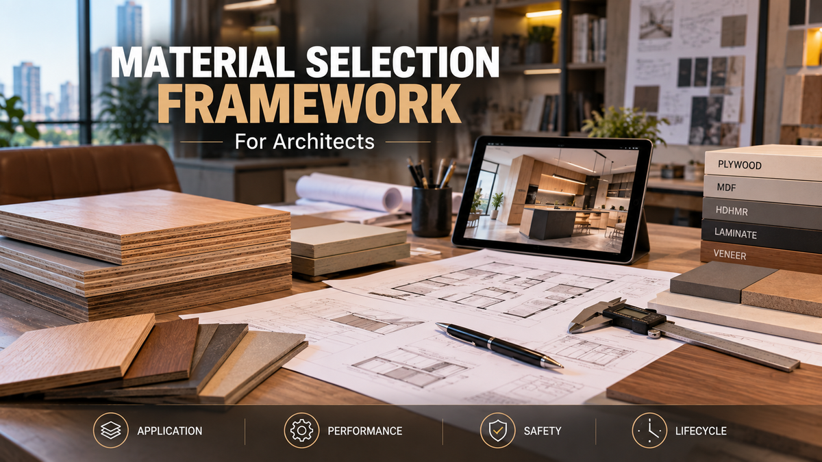 Architect material selection framework showing plywood, MDF and interior material samples alongside architectural drawings for performance-based specification.