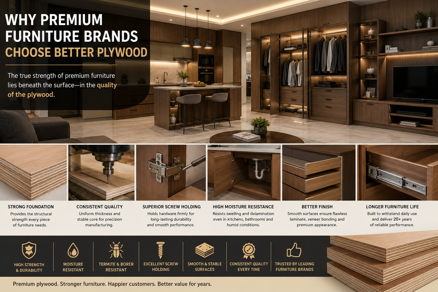 Premium plywood providing strong screw and hinge holding strength.