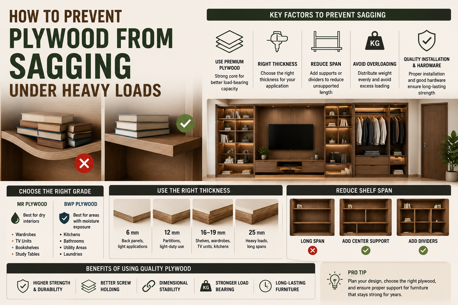 Premium plywood shelves supporting heavy books and storage without sagging, demonstrating strong core construction, proper thickness, and superior load-bearing performance.