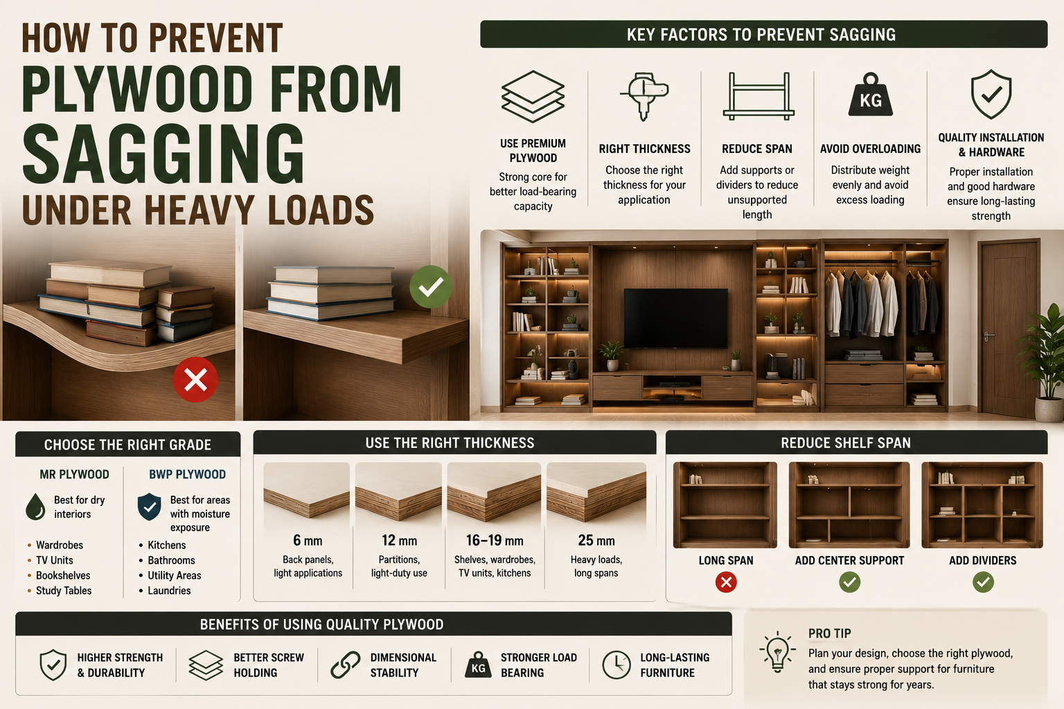 Premium plywood shelves supporting heavy books and storage without sagging, demonstrating strong core construction, proper thickness, and superior load-bearing performance.