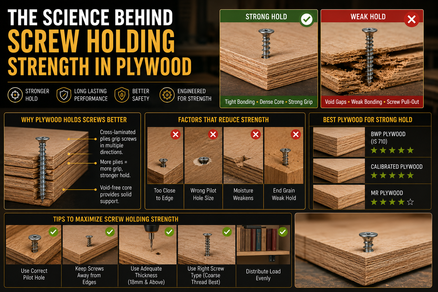 Close-up of a screw firmly anchored in premium gapless plywood compared to weak plywood with poor screw holding strength.