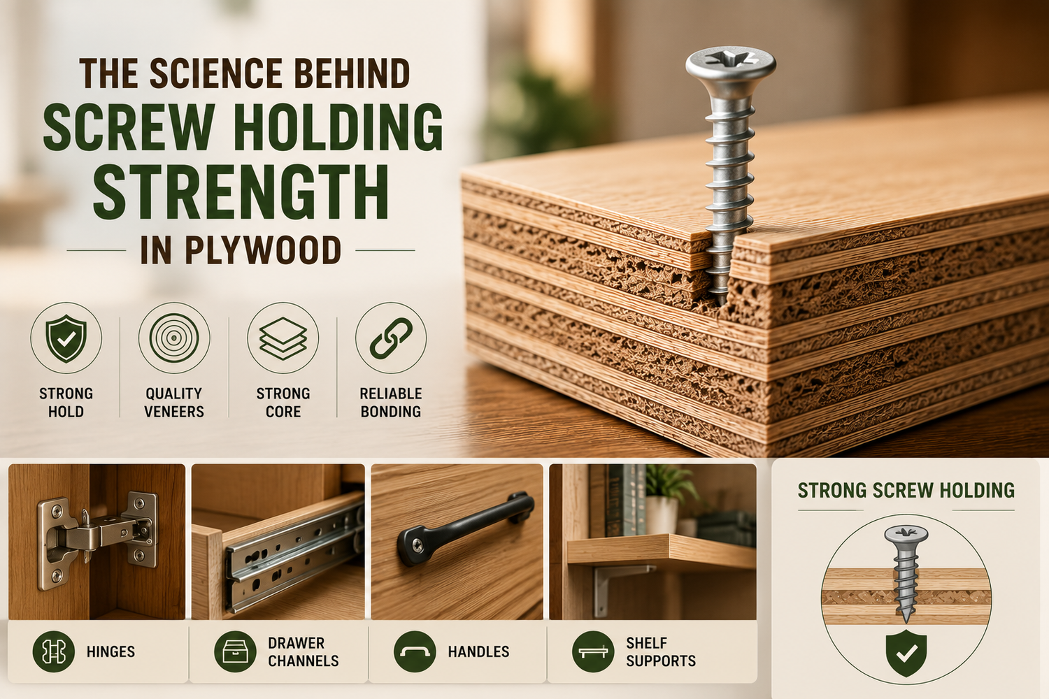 Close-up showing a screw firmly anchored into premium multi-layer plywood with a dense core for superior furniture strength and durability.