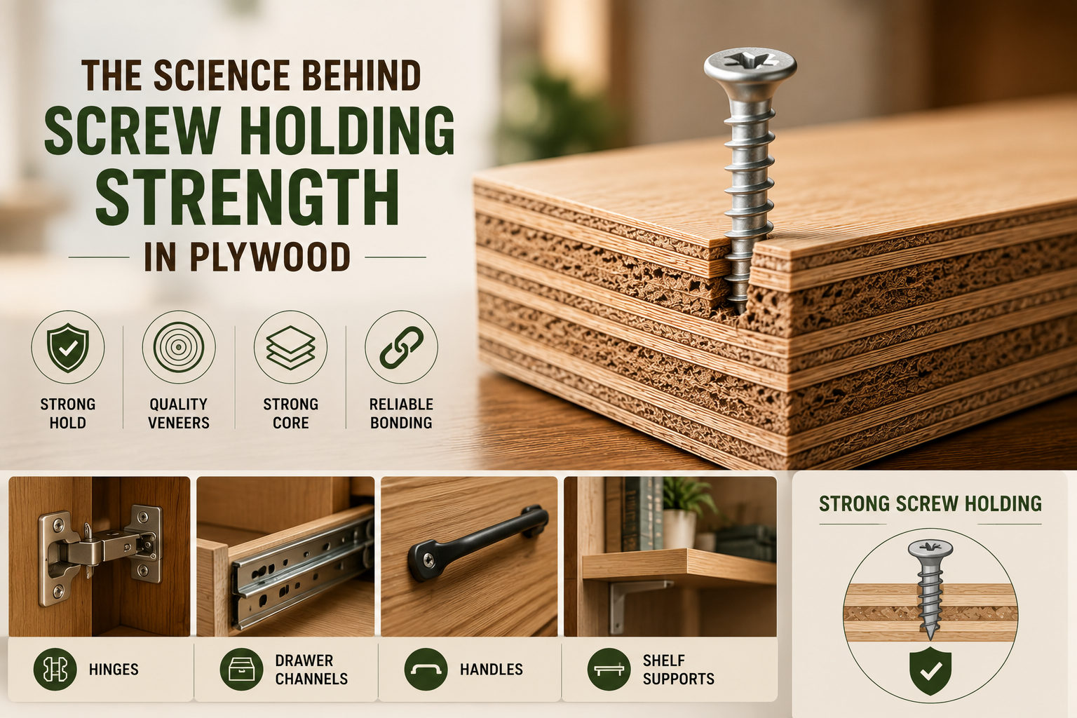 Close-up showing a screw firmly anchored into premium multi-layer plywood with a dense core for superior furniture strength and durability.