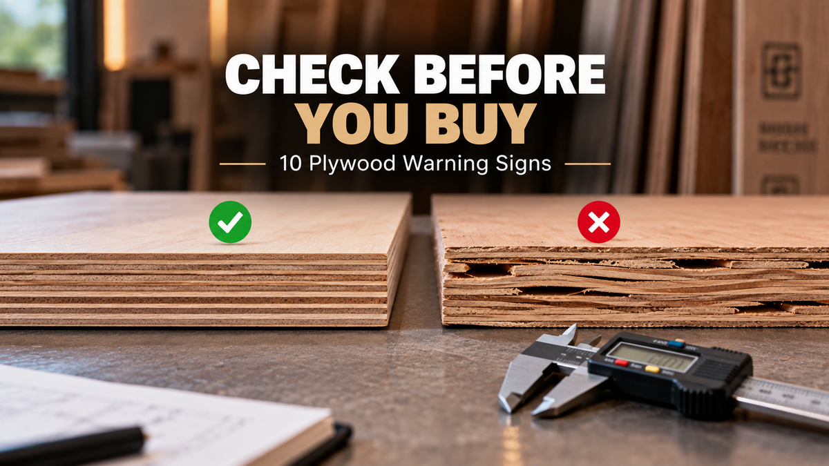 Close-up inspection of plywood edges showing core gaps, uneven layers and delamination as warning signs to check before buying plywood.
