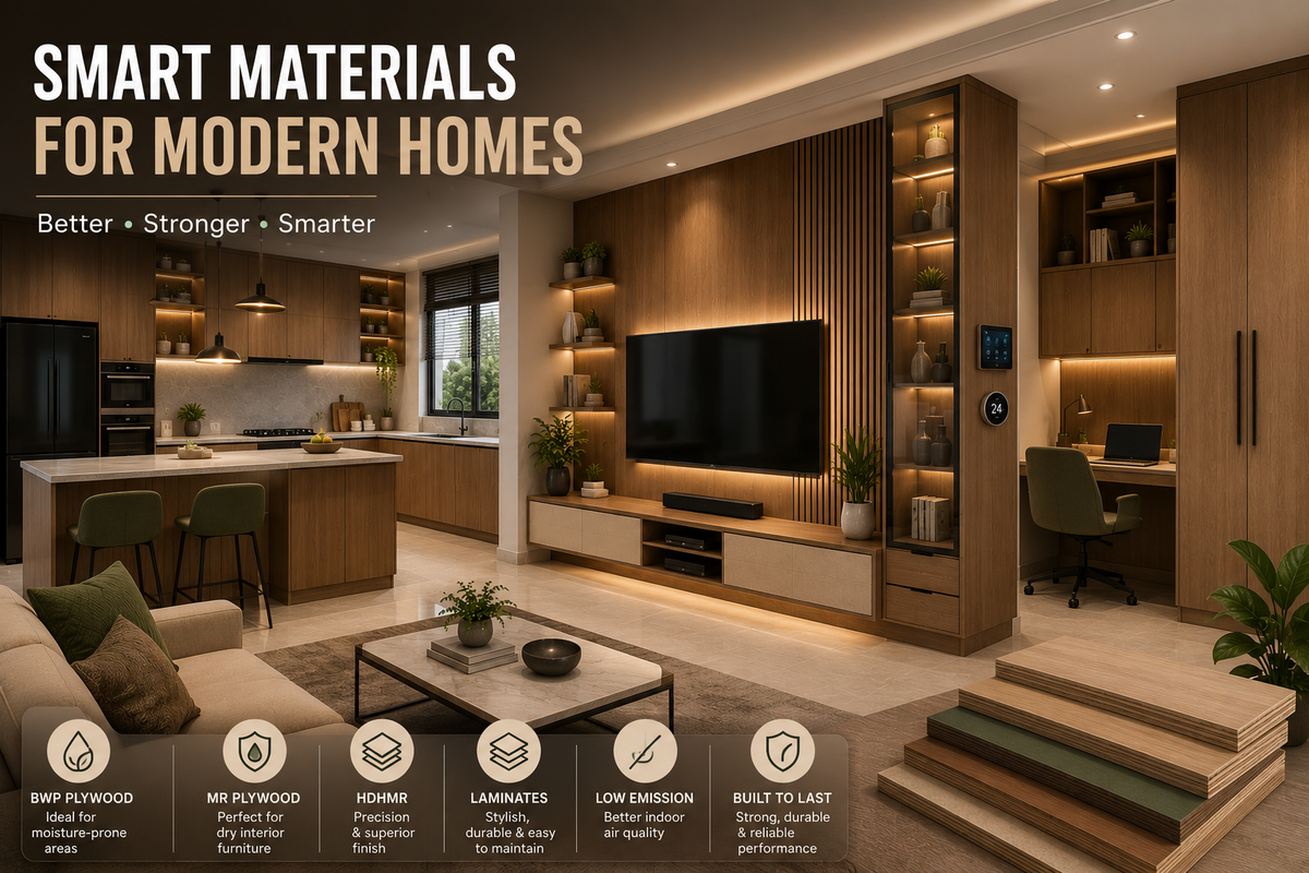 Modern smart home interior featuring premium plywood, modular kitchen, wardrobes, TV unit and intelligent storage designed for durable, long-lasting interiors.