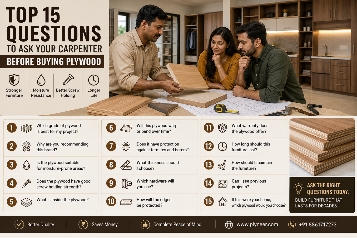 Homeowner discussing premium plywood options with a carpenter before buying plywood for modular furniture.