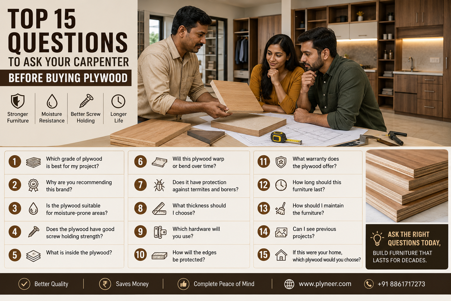 Homeowner discussing premium plywood options with a carpenter before buying plywood for modular furniture.