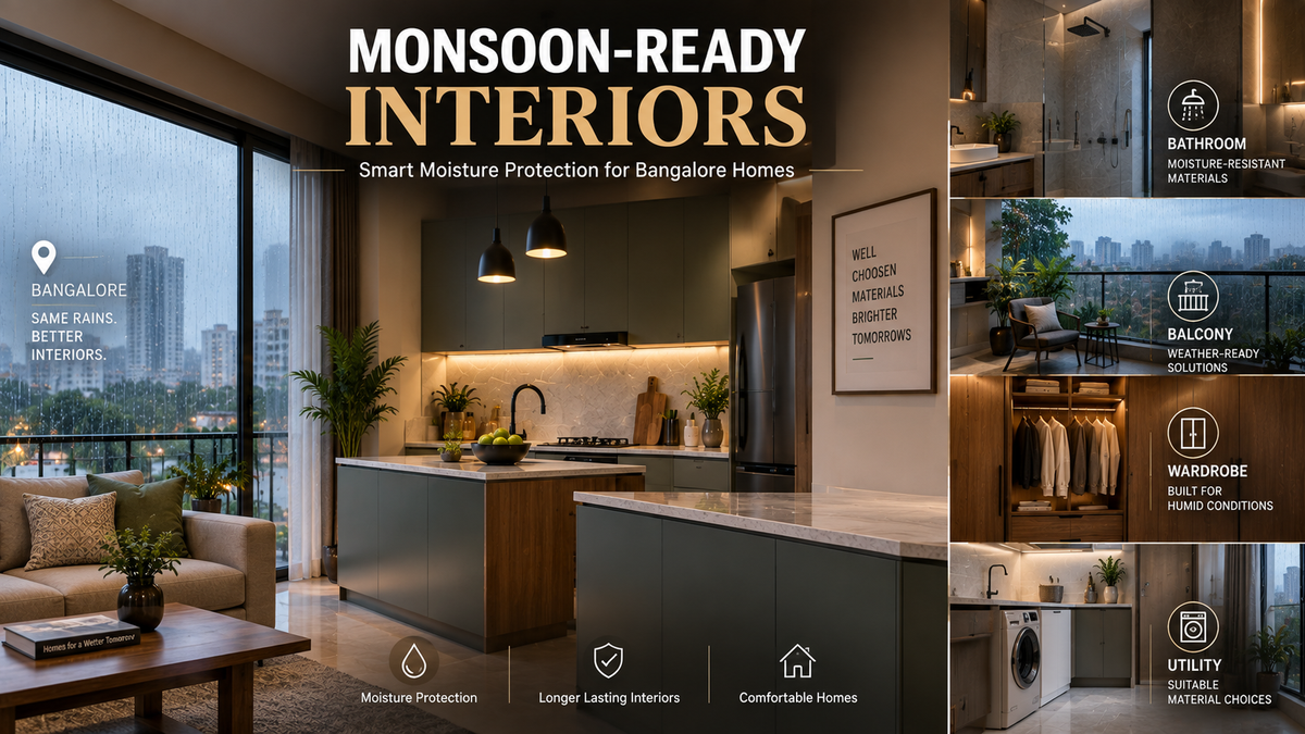 Modern Bangalore apartment showing moisture-resistant and waterproof material solutions for kitchens, bathrooms, balconies, wardrobes and utility areas.