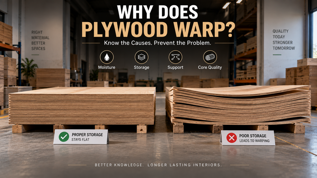 Bent and warped plywood sheets showing the effects of moisture exposure, improper storage, uneven support and poor handling.