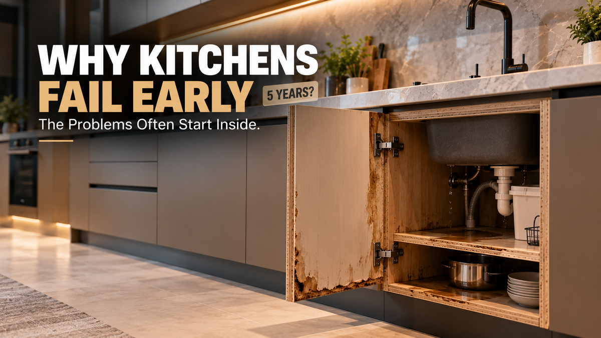 Kitchen cabinet showing moisture damage, swollen plywood edges, loose hinges and misaligned shutters that can cause premature modular kitchen failure.