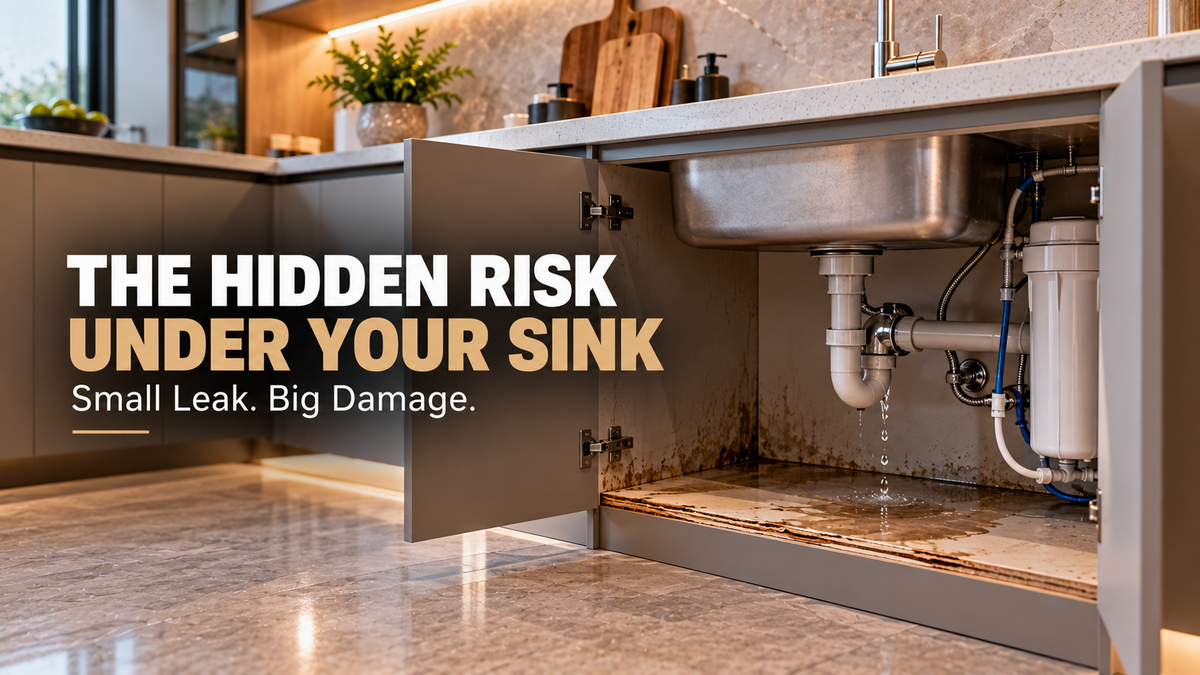 Under-sink kitchen cabinet showing hidden plumbing leakage, moisture exposure and swollen plywood edges that can lead to cabinet damage.